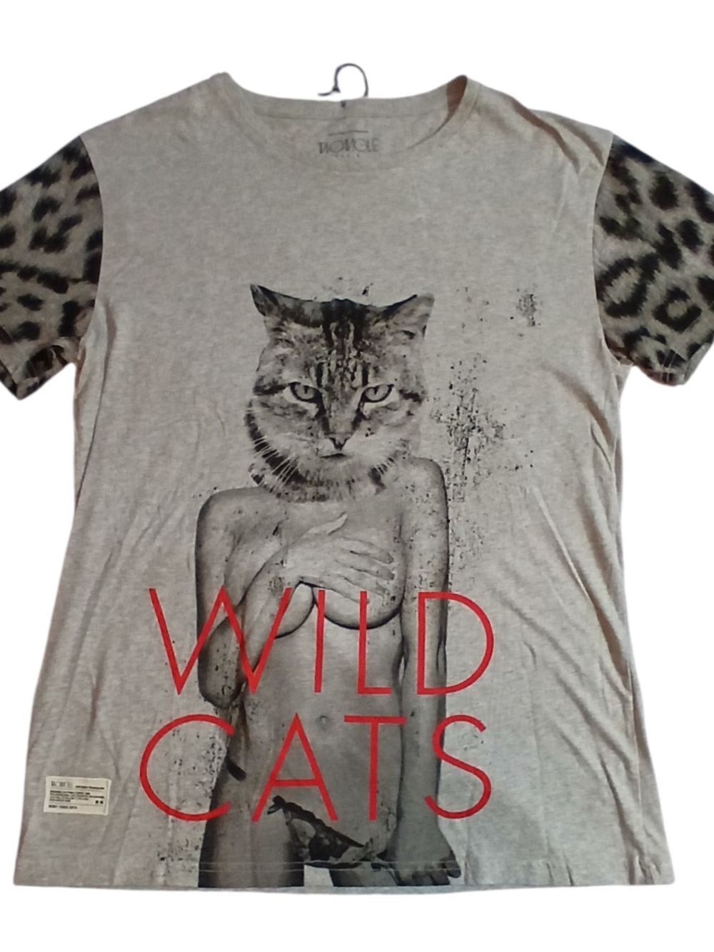 WILD CATS Graphic Tee - Gray with Leopard Sleeve Detail